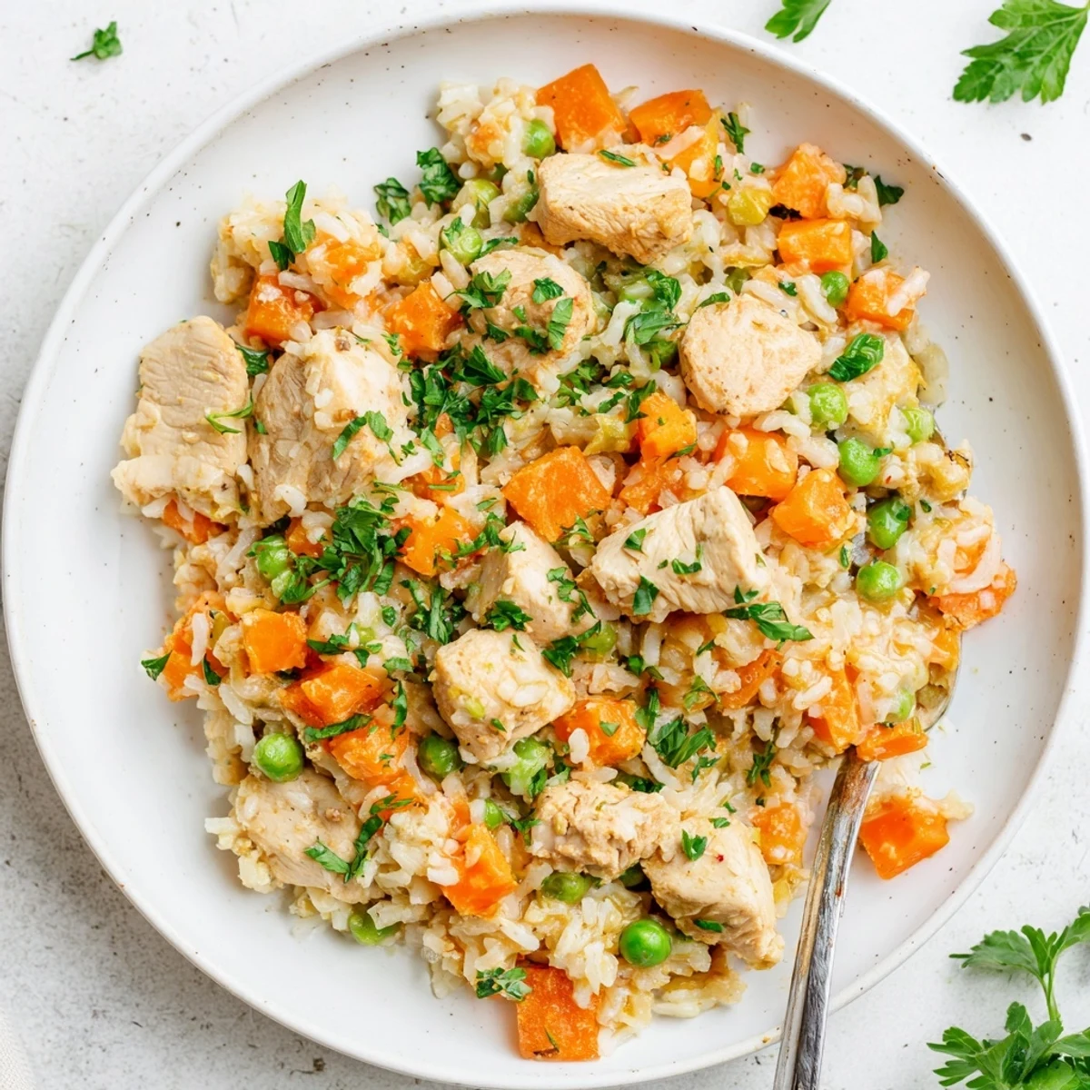 Golden Instant Pot chicken and rice recipe with tender chunks, colorful vegetables, and fluffy grains