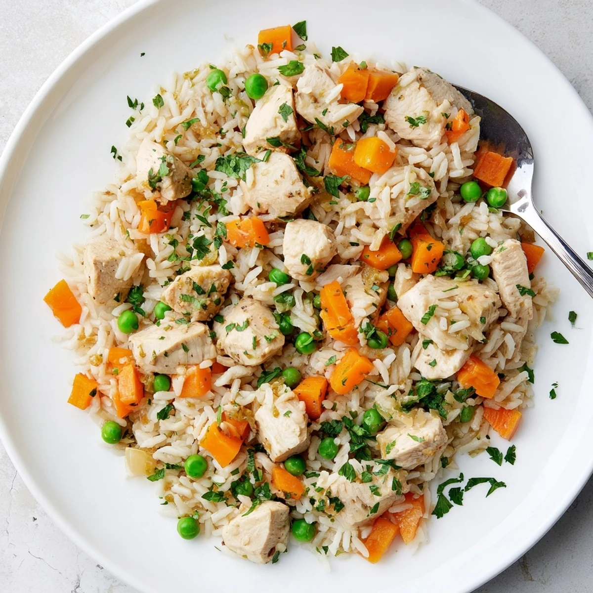 Savory Instant Pot chicken and rice recipe showcasing perfectly cooked meat, peas, carrots, and aromatic herbs