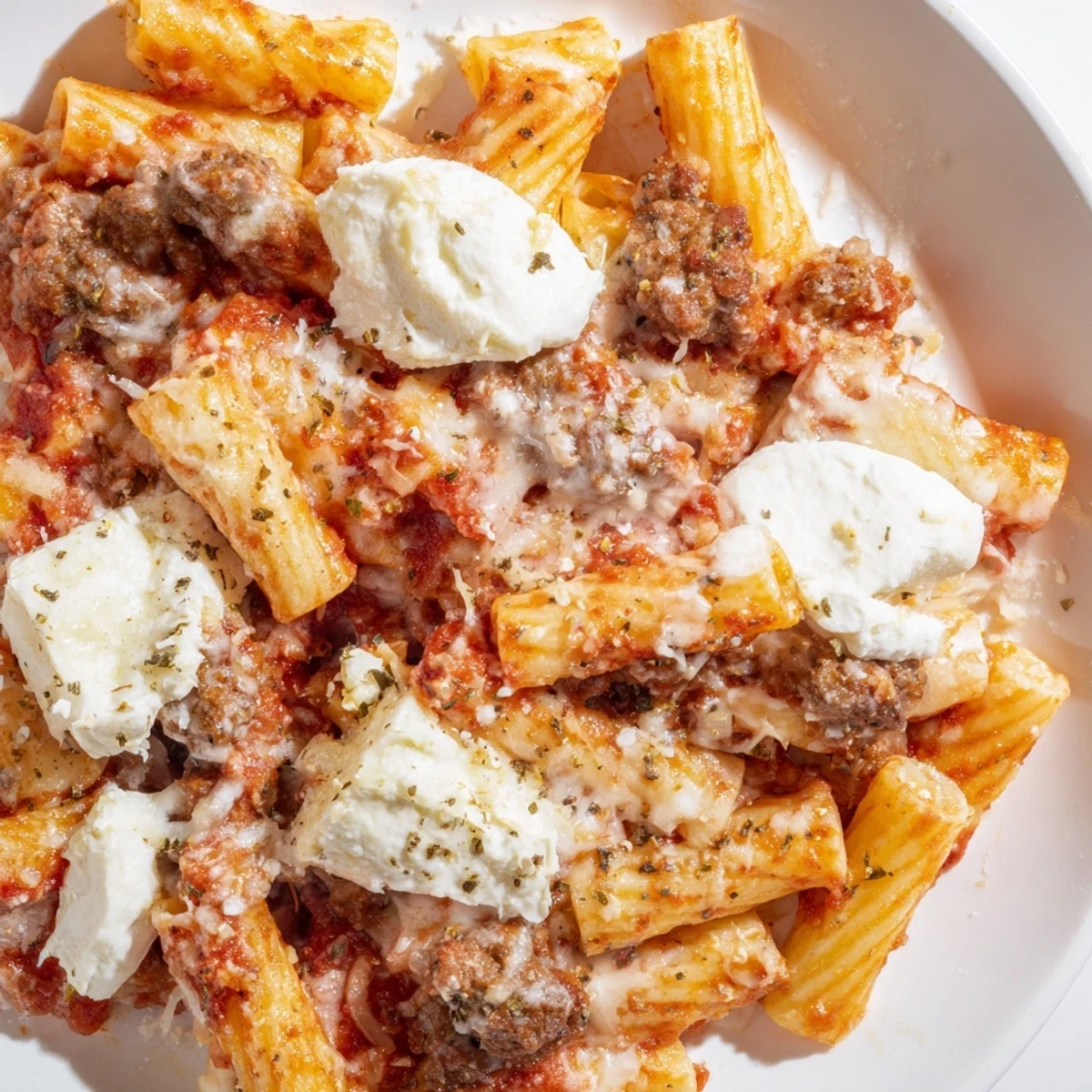Golden baked ziti with bubbling mozzarella and rich tomato sauce in a slow cooker