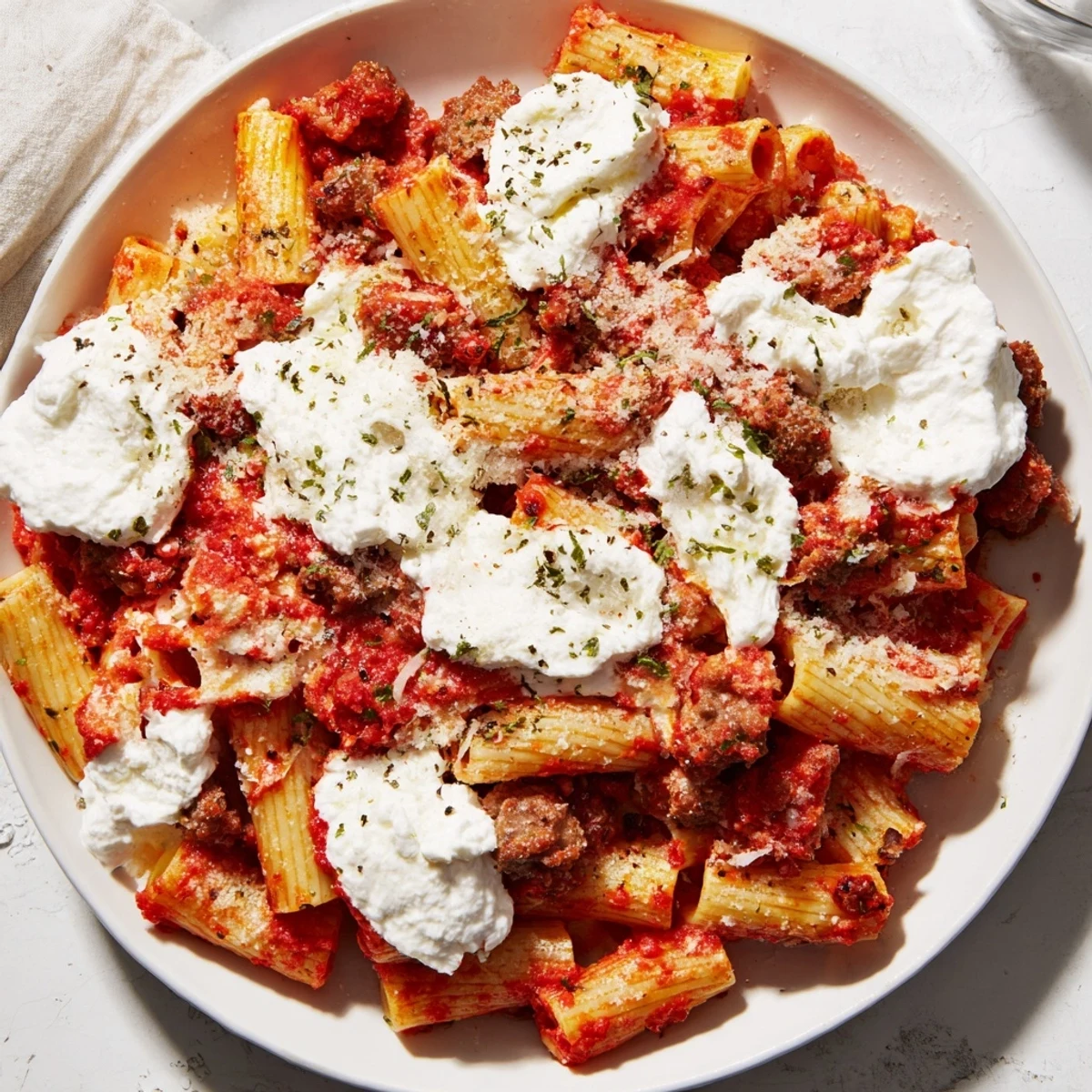 Hearty slow cooker baked ziti topped with browned mozzarella over tender ziti pasta