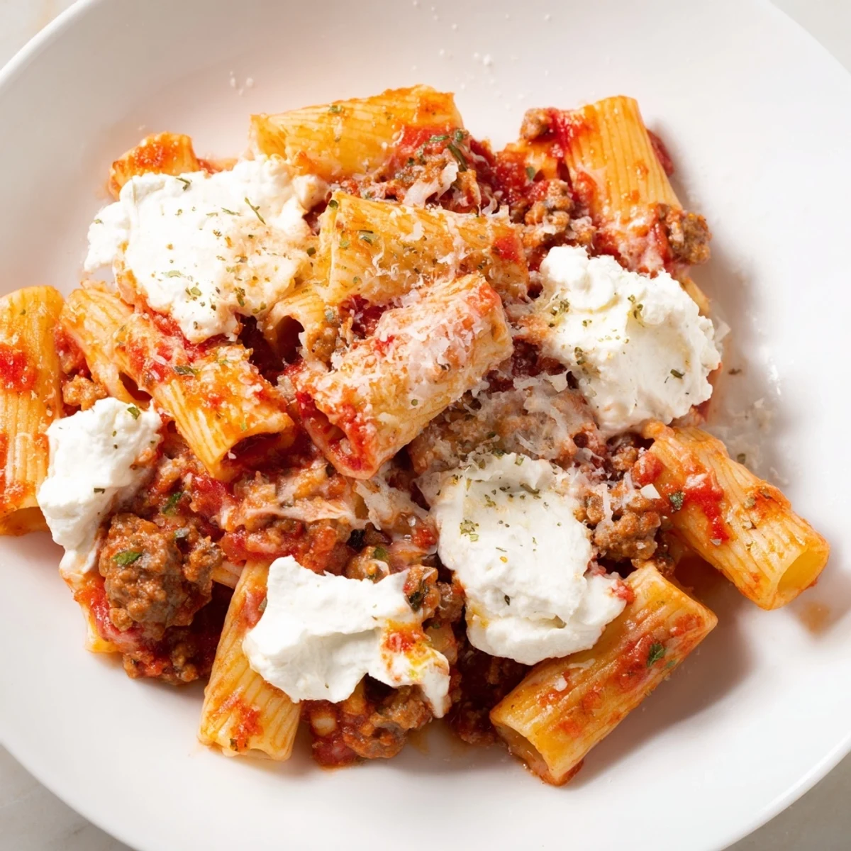 Creamy slow cooker baked ziti featuring melted cheese and savory Italian sausage layers
