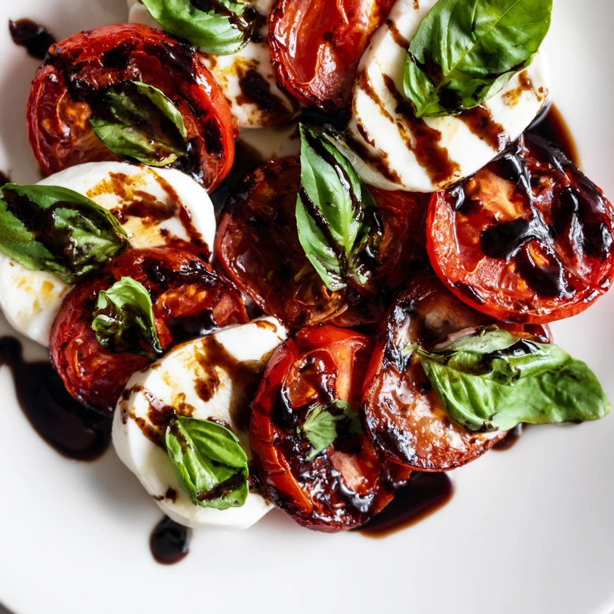 Golden roasted cherry tomatoes arranged with fresh mozzarella and basil on a white platter