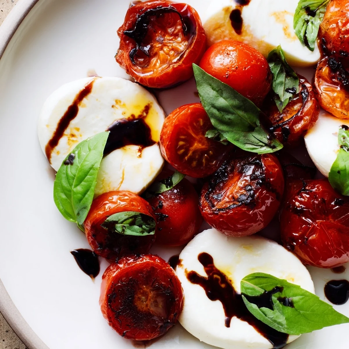 Roasted tomato Caprese salad drizzled with balsamic glaze and topped with green basil leaves