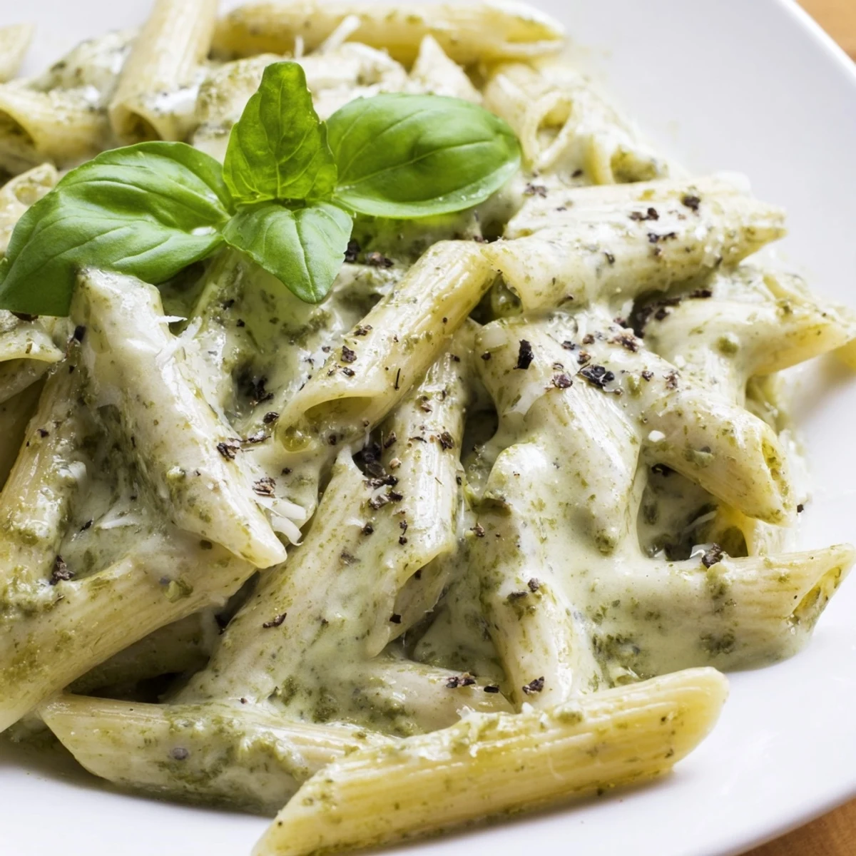 Creamy pesto pasta coated in rich basil sauce with grated Parmesan and fresh basil garnish