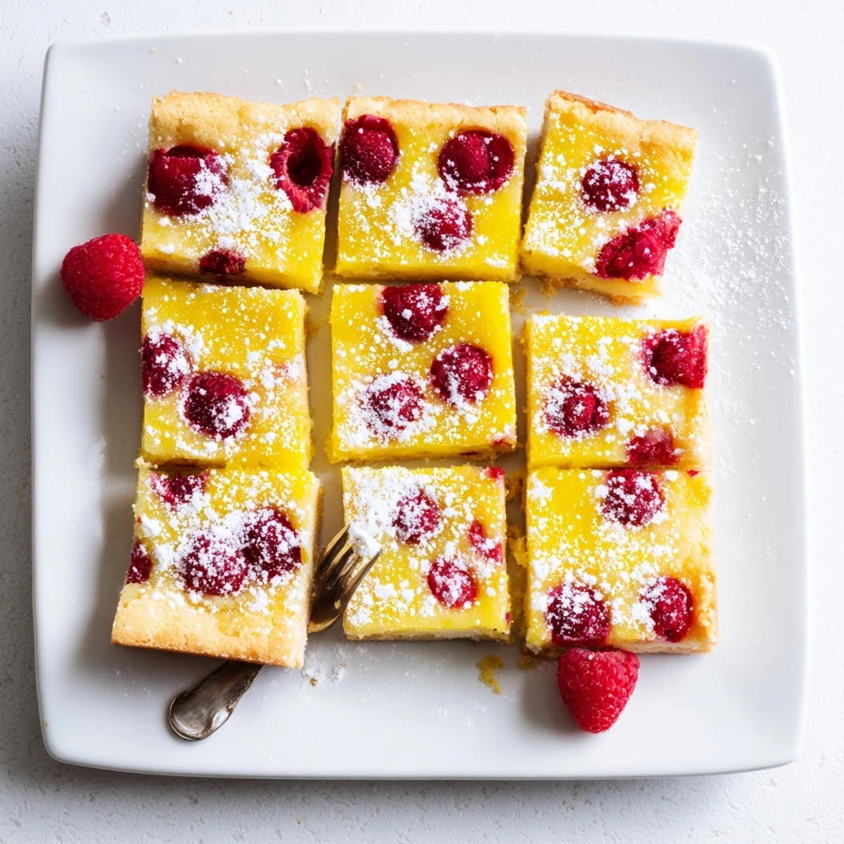 Homemade lemon raspberry bars sliced into squares with buttery crust and bright fruity filling