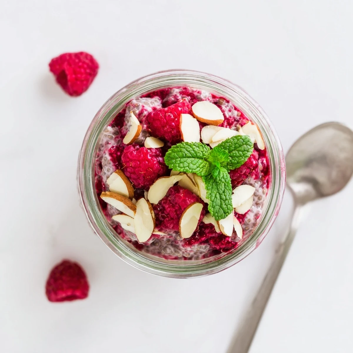 Layered raspberry chia pudding sweetened with maple syrup in clear glass jars