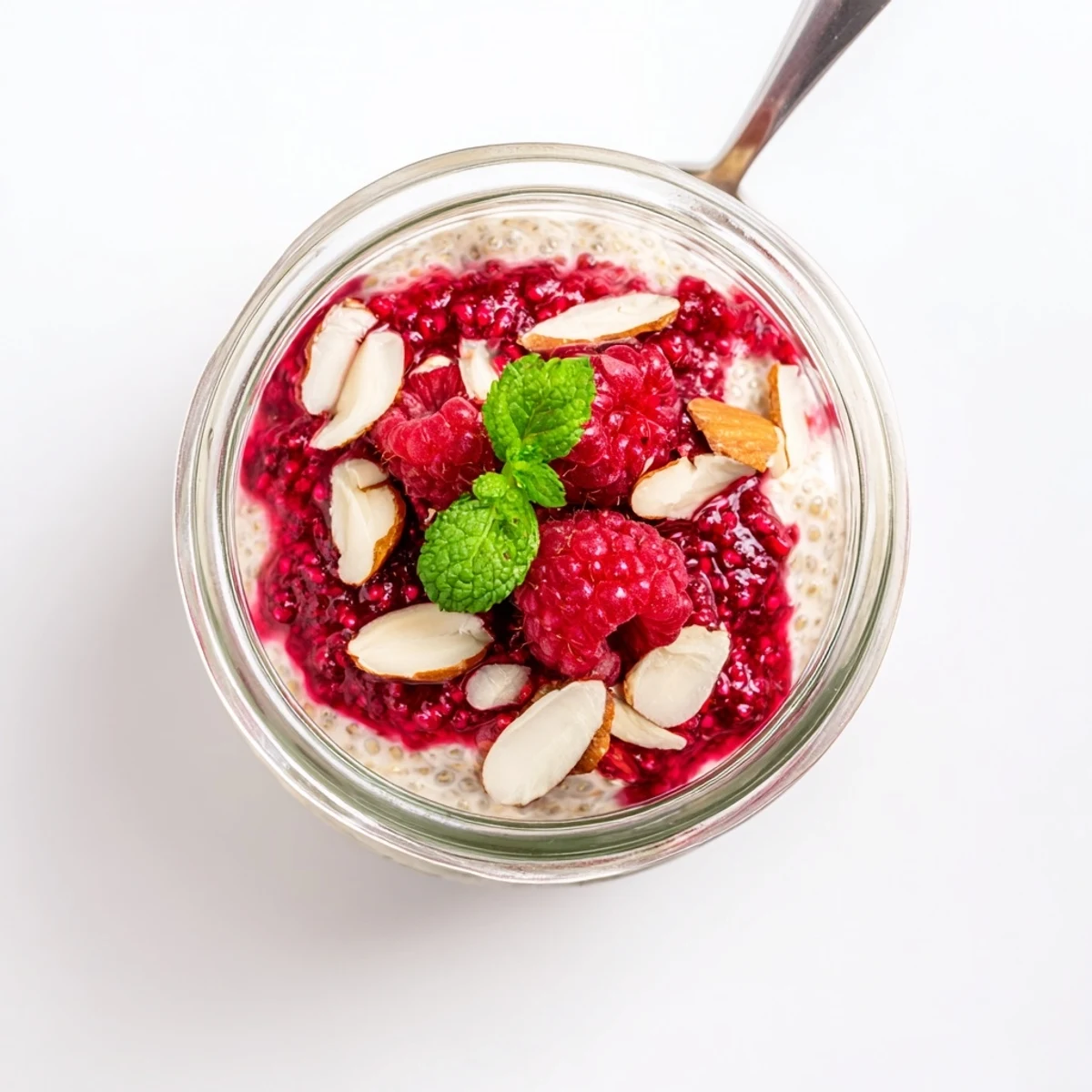 Vegan raspberry chia pudding parfait with maple syrup and mint garnish