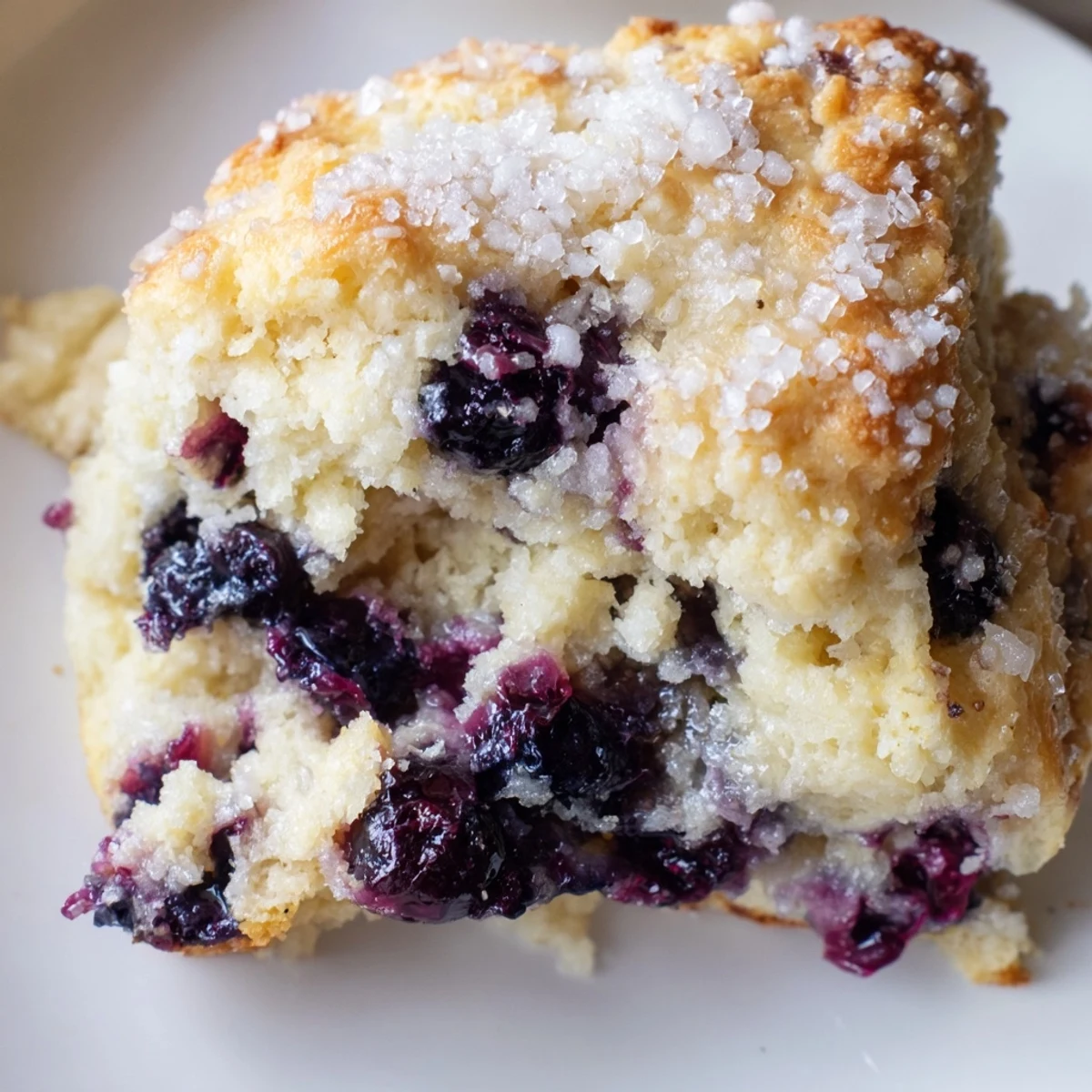 Golden brown homemade blueberry biscuits scattered with fresh juicy berries on a white plate
