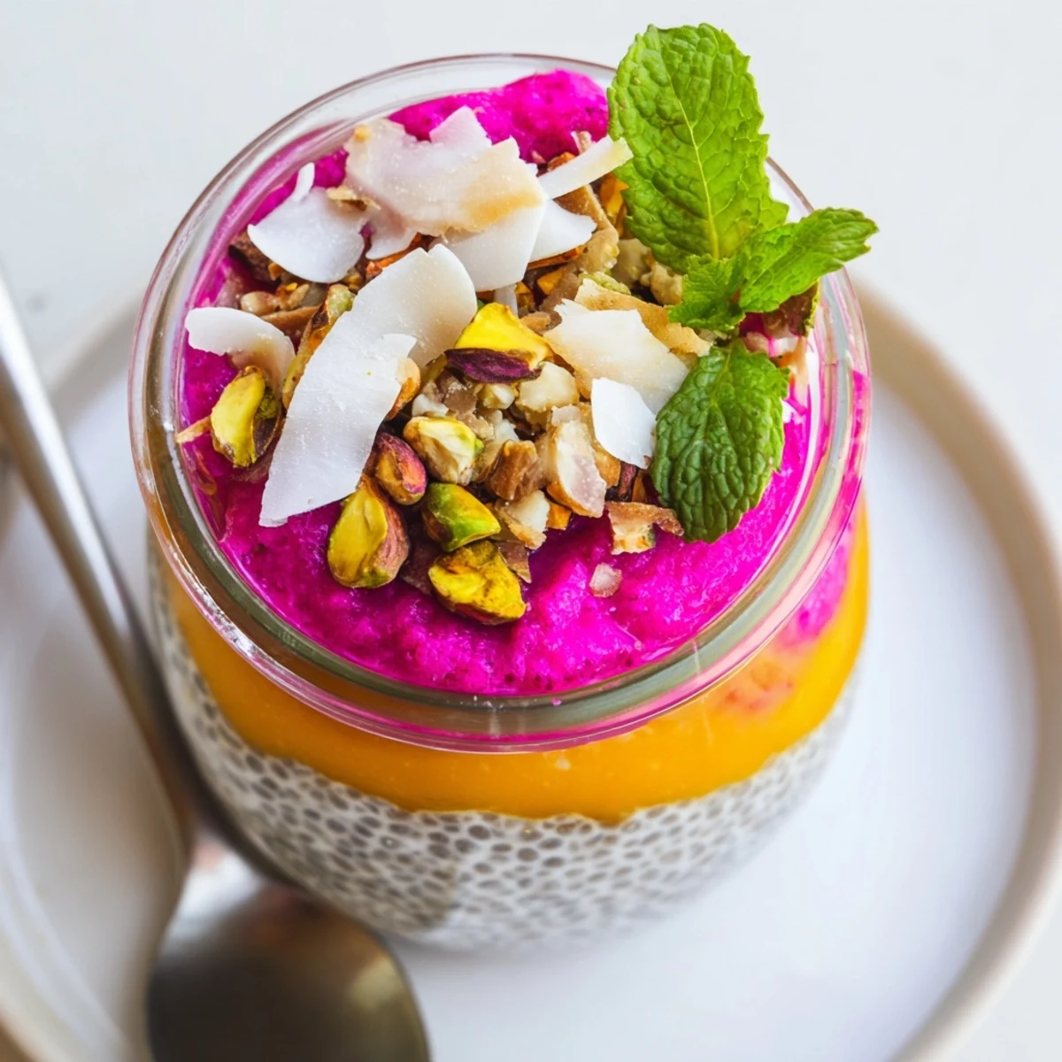 Layered mango and dragon fruit chia pudding in glass jars topped with fresh mint