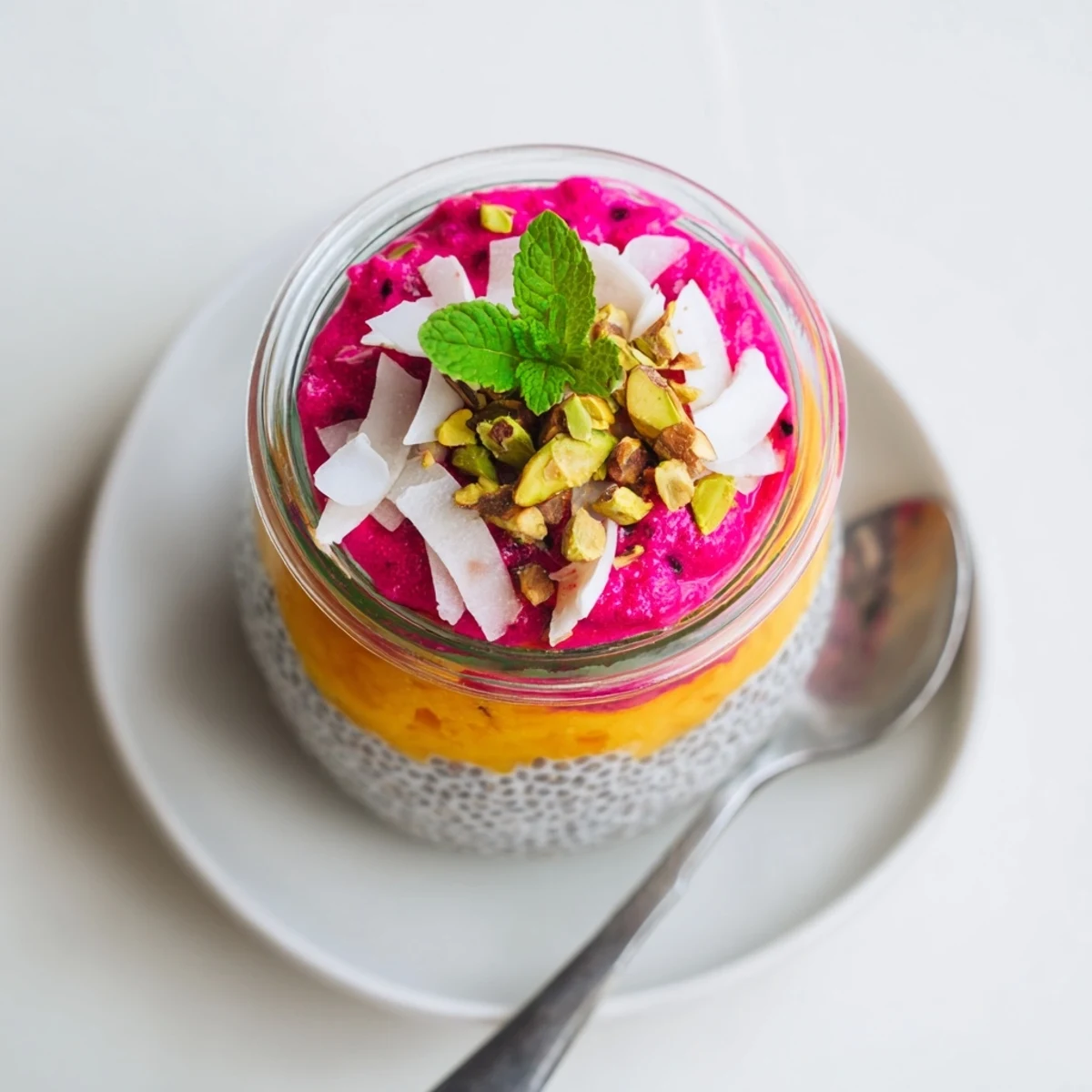 Creamy coconut chia pudding topped with vibrant mango and pink dragon fruit layers