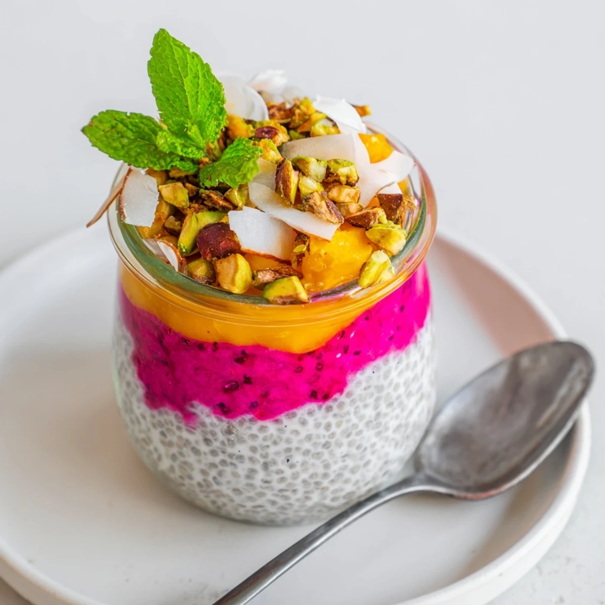 Tropical breakfast bowl showcasing mango and dragon fruit chia pudding with coconut flakes