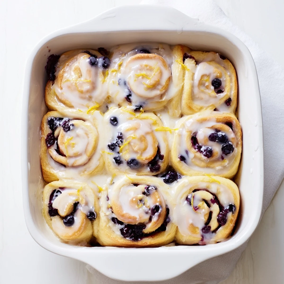 Homemade glazed lemon blueberry rolls on a serving plate ready for breakfast