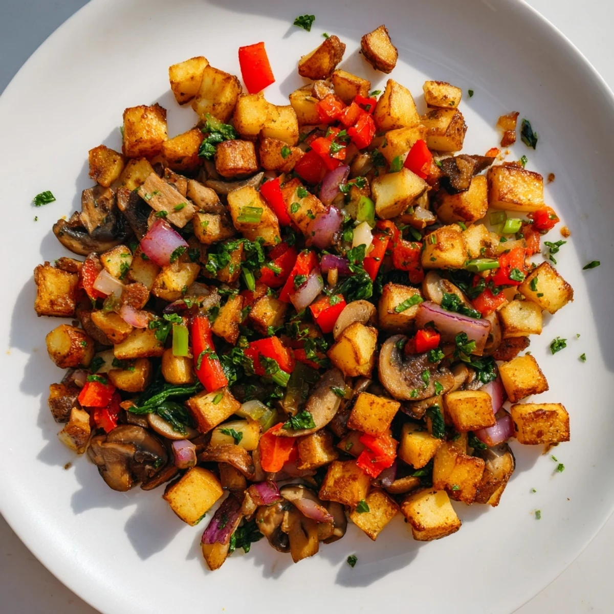 Golden crispy vegan breakfast hash loaded with colorful potatoes bell peppers and onions