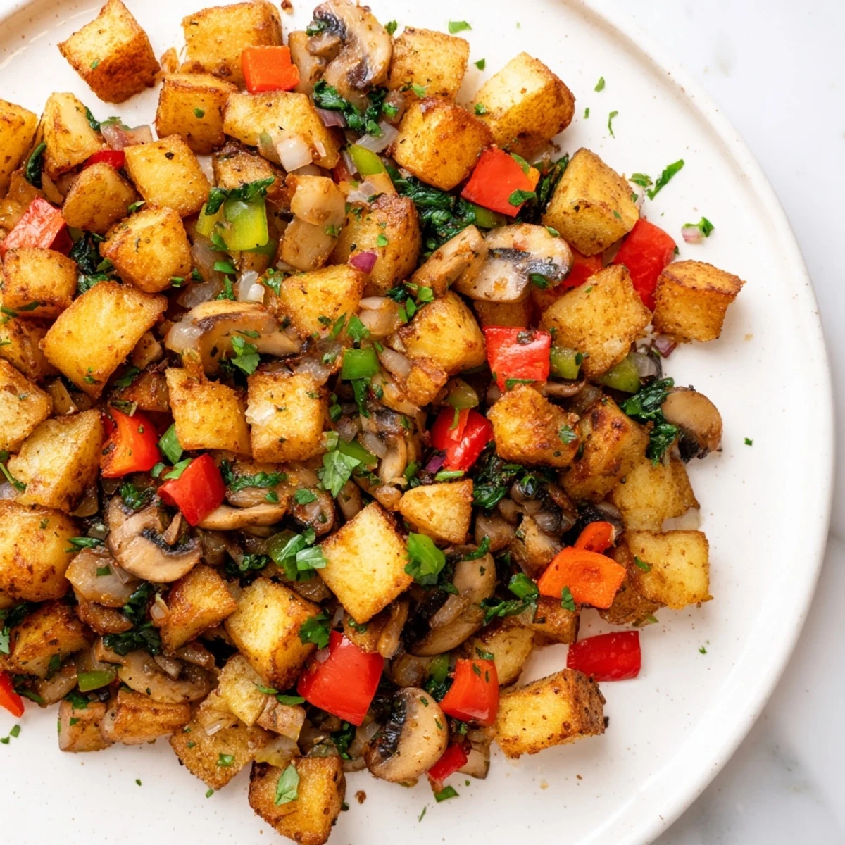 Sizzling skillet of vegan breakfast hash featuring spiced vegetables and diced russet potatoes