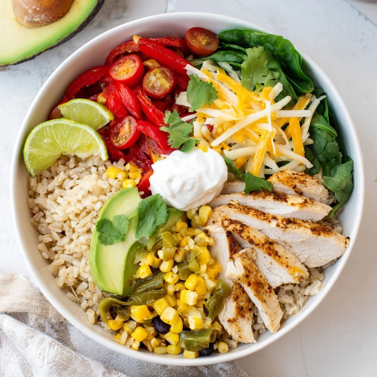 Hearty Southwest spice green chile bowl topped with tender sliced chicken, colorful roasted peppers, and fresh avocado garnish