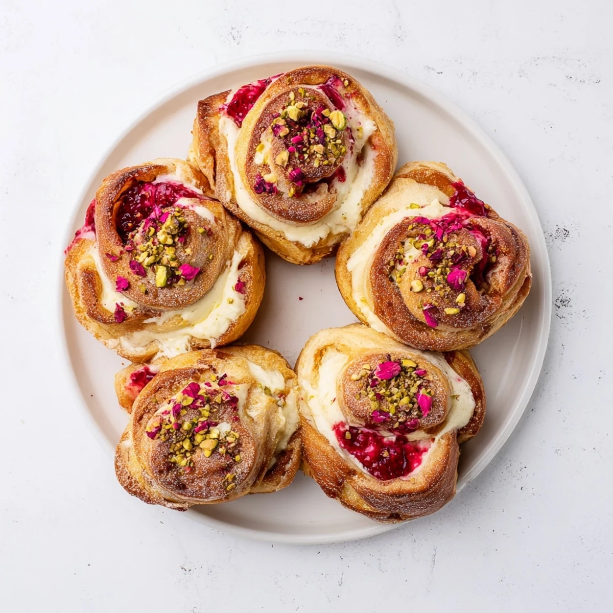 Golden raspberry and rose cheesecake buns with creamy rose-scented filling and swirls of vibrant red raspberry compote