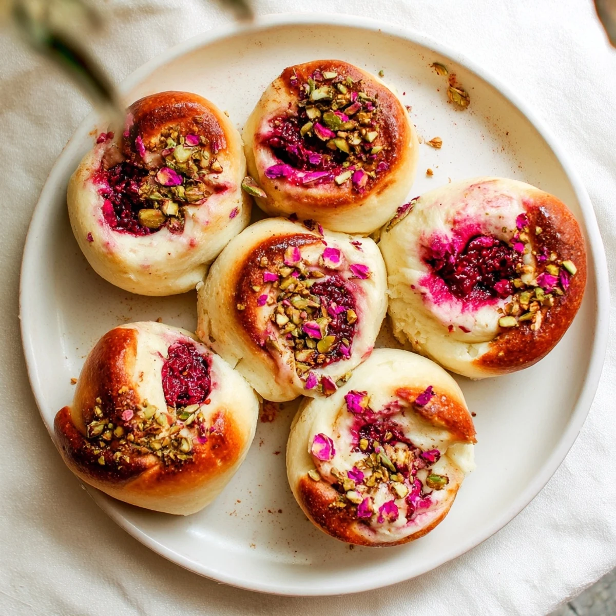 Soft pillowy raspberry and rose cheesecake buns fresh from the oven topped with demerara sugar and chopped pistachios