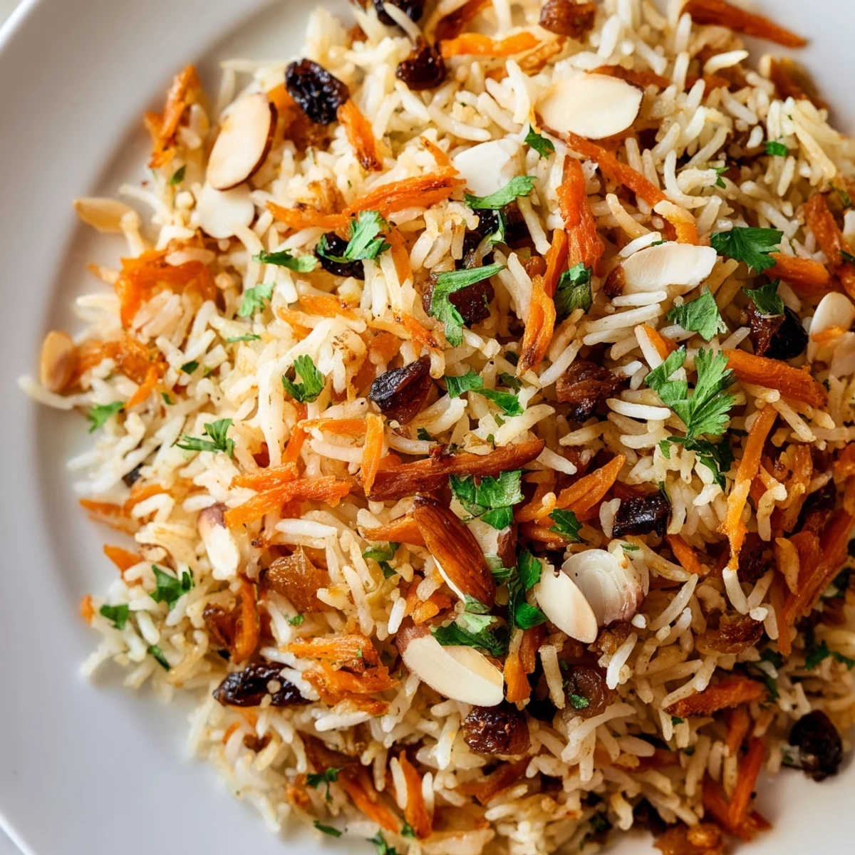 Golden Afghan rice topped with caramelized carrots, plump raisins, and toasted almonds in a colorful presentation.