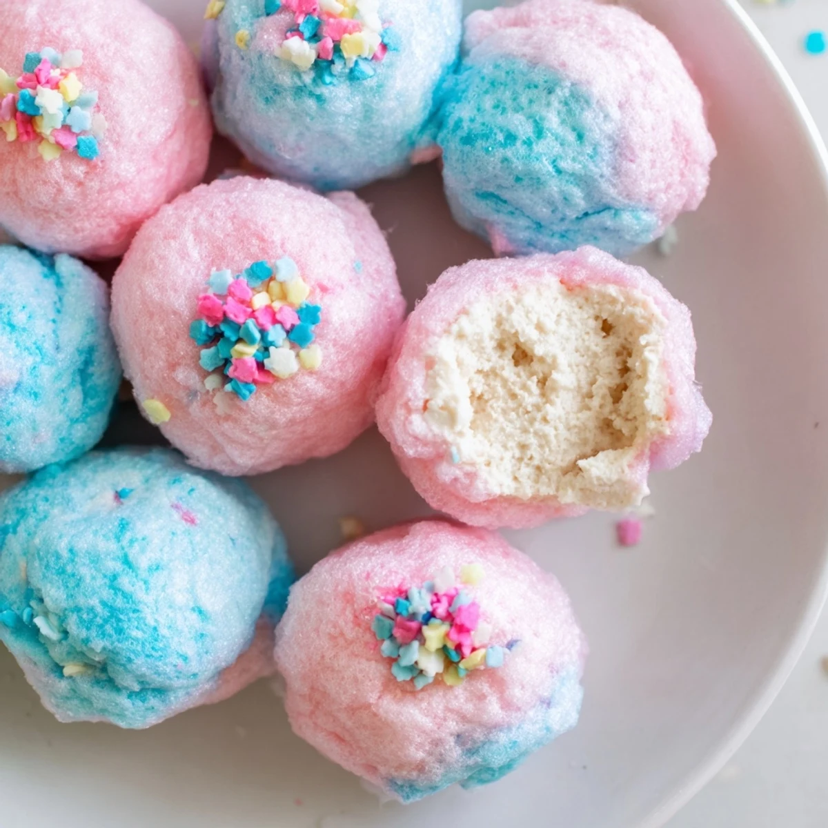 Mini cotton candy cheesecake puff balls with fluffy pastel coating on elegant serving plate
