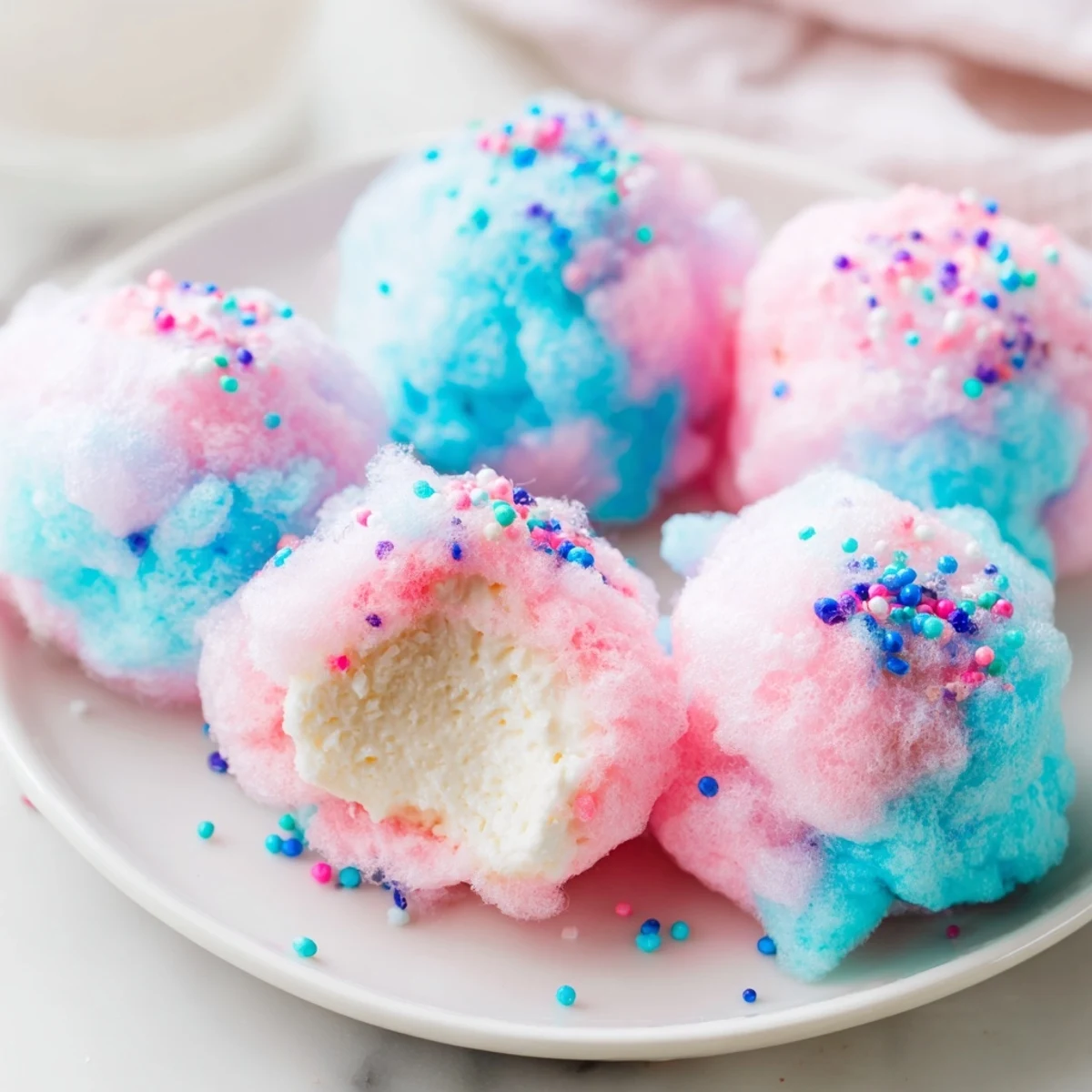 Creamy mini cotton candy cheesecake puff balls topped with colorful sprinkles and glitter