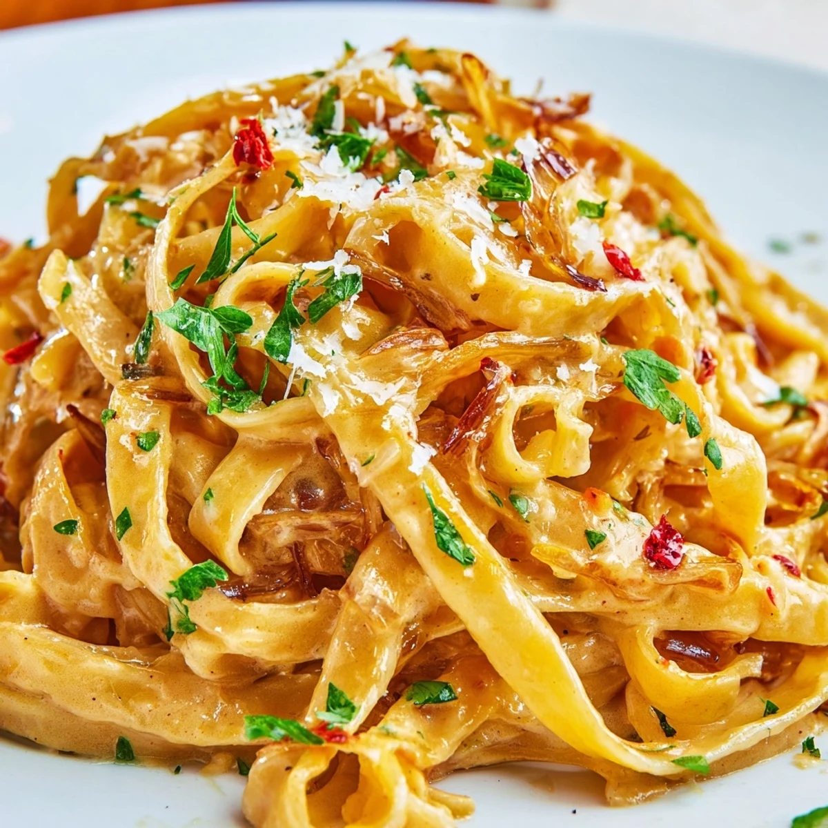 Creamy Sweet Heat Caramelized Onion Fettuccine topped with fresh parsley and Parmesan cheese