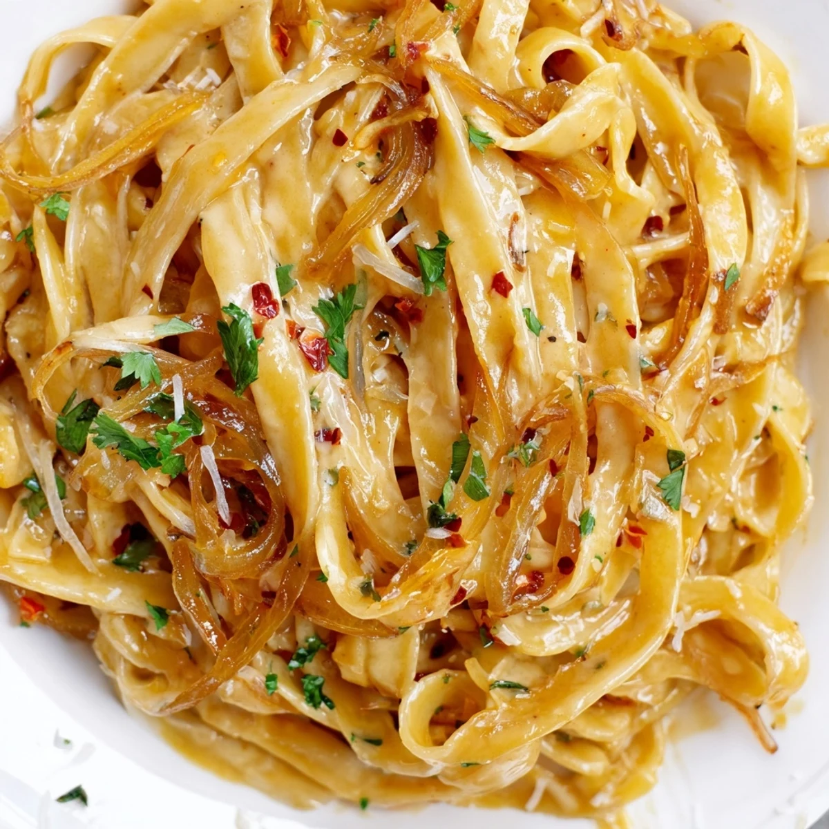 Golden caramelized onions coat Sweet Heat Caramelized Onion Fettuccine in a creamy, spicy sauce