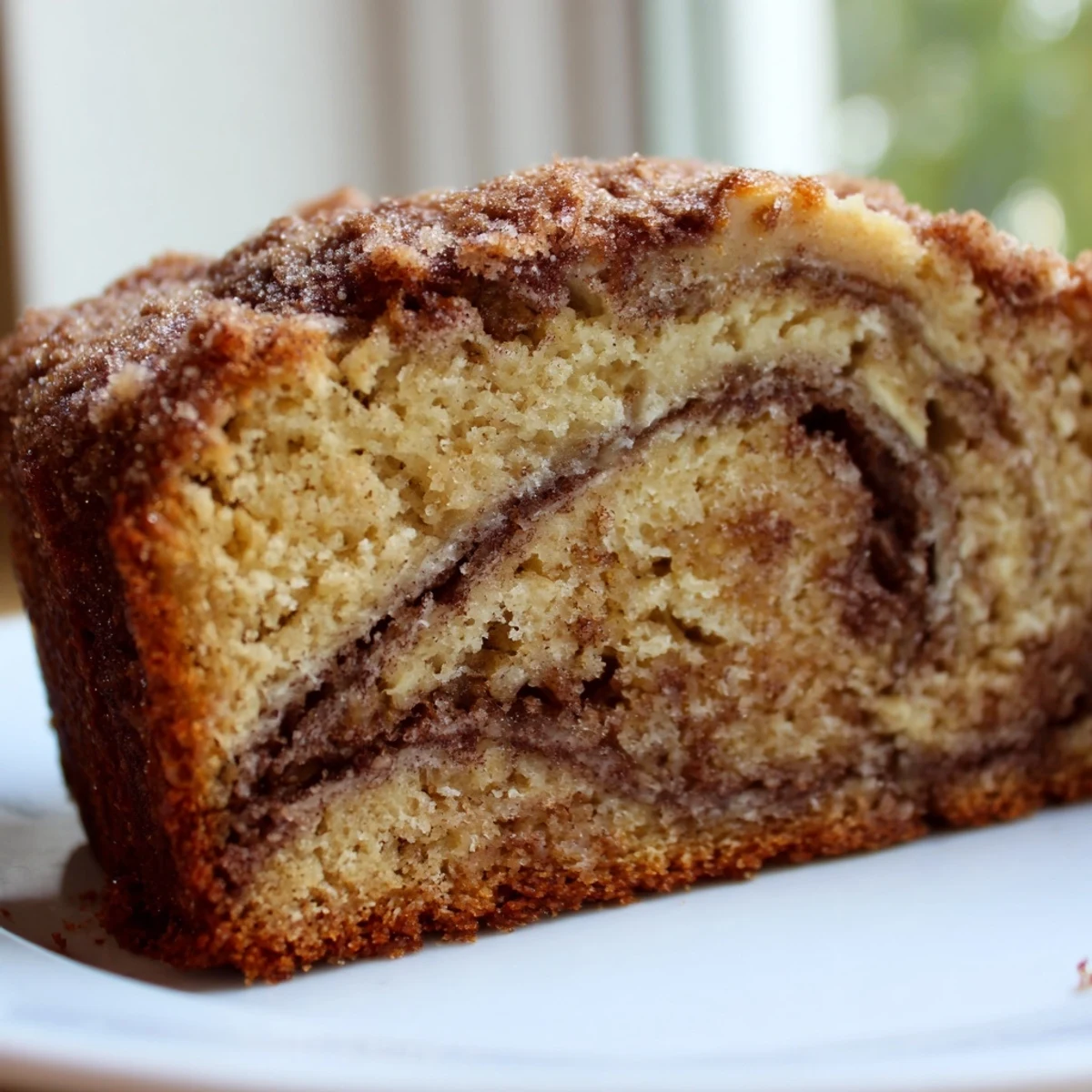 Golden Cinnamon Sugar Swirl Banana Bread sliced thick on a rustic wooden cutting board