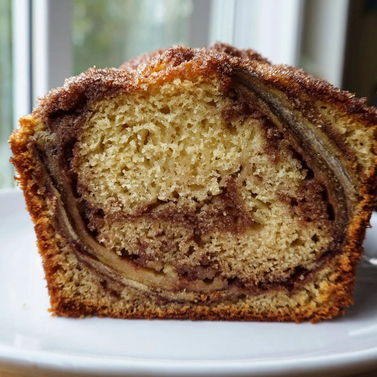 Moist Cinnamon Sugar Swirl Banana Bread with marbled cinnamon ribbon steaming on cooling rack