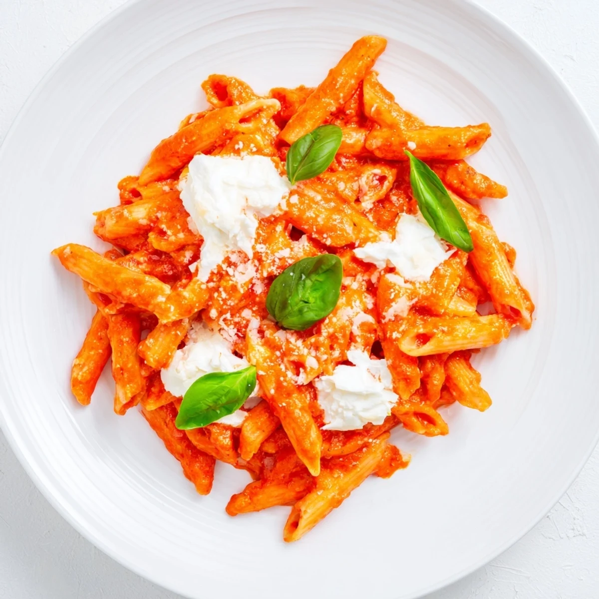 Creamy Tomato Garlic Ricotta Penne topped with fresh basil leaves on a white plate
