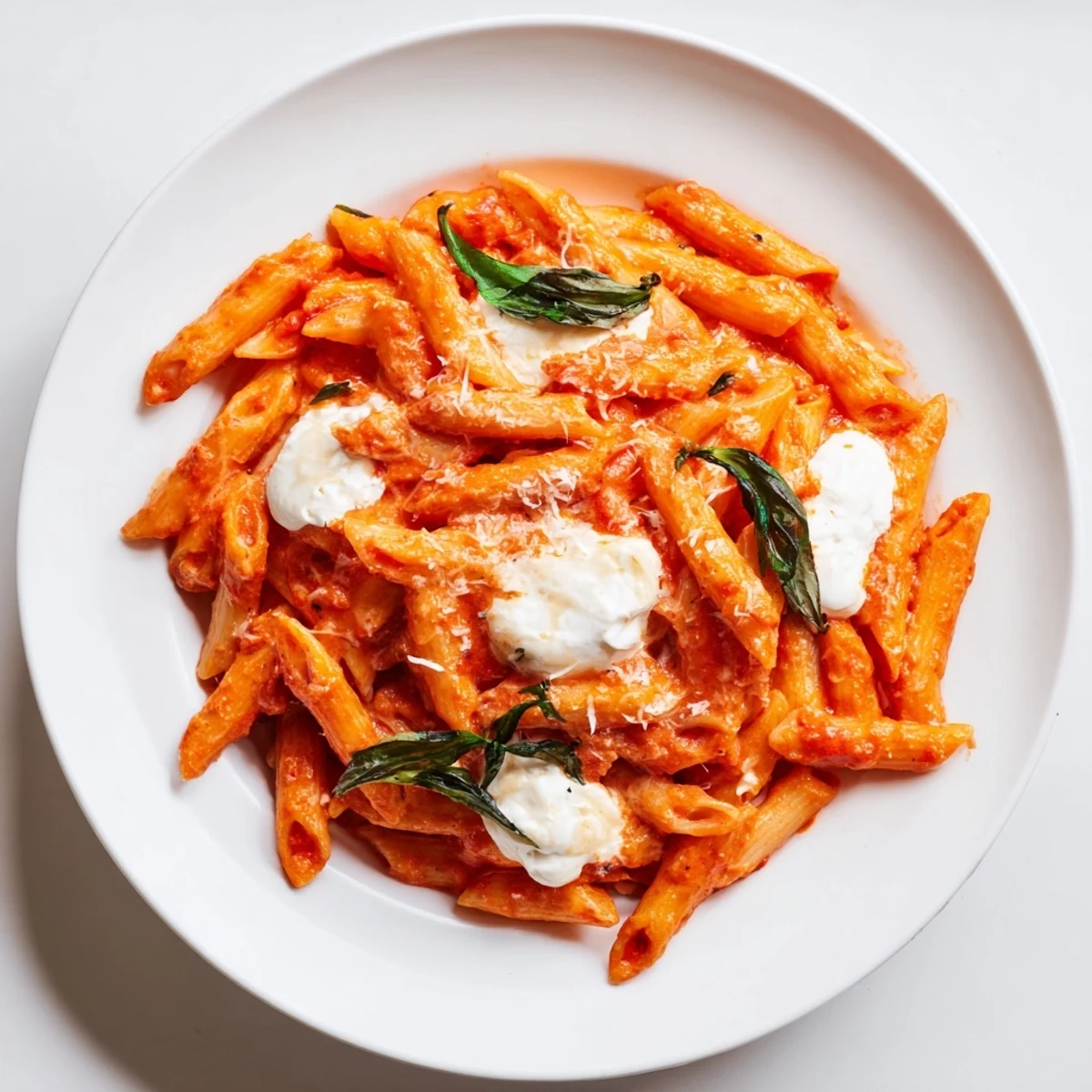 Tender penne pasta coated in rich tomato garlic sauce with fluffy ricotta swirls