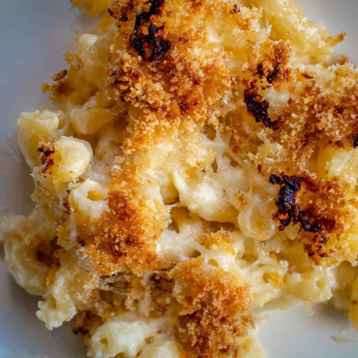 Golden bubbling three cheese baked macaroni with crispy panko topping fresh from oven