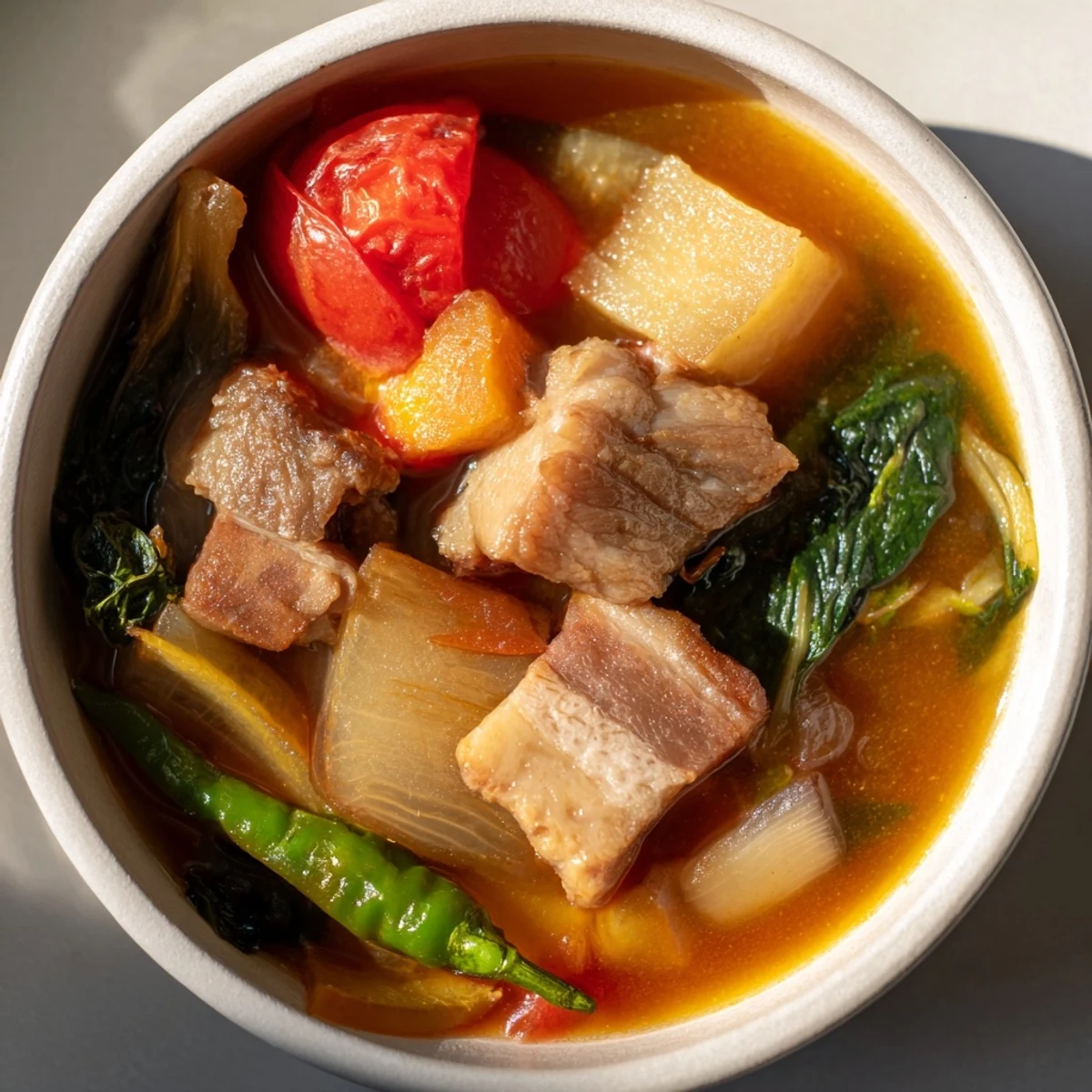 Steaming bowl of Filipino Sinigang with tender pork chunks and fresh green vegetables in tangy broth