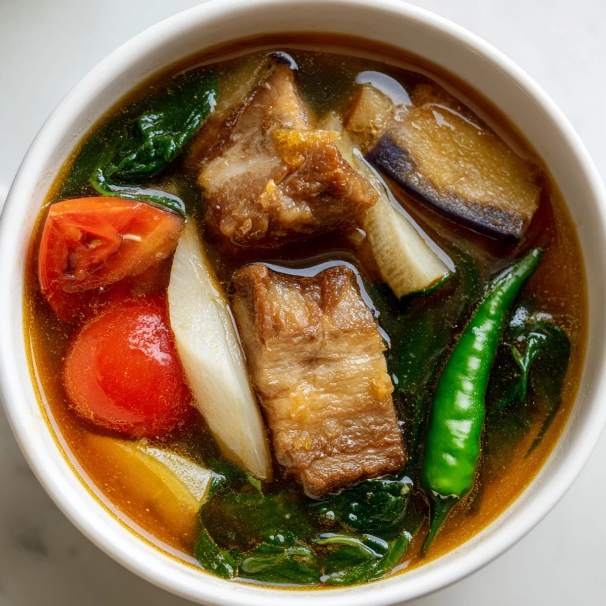 Classic Filipino Sinigang featuring vibrant spinach, radish, and eggplant swimming in sour tamarind broth