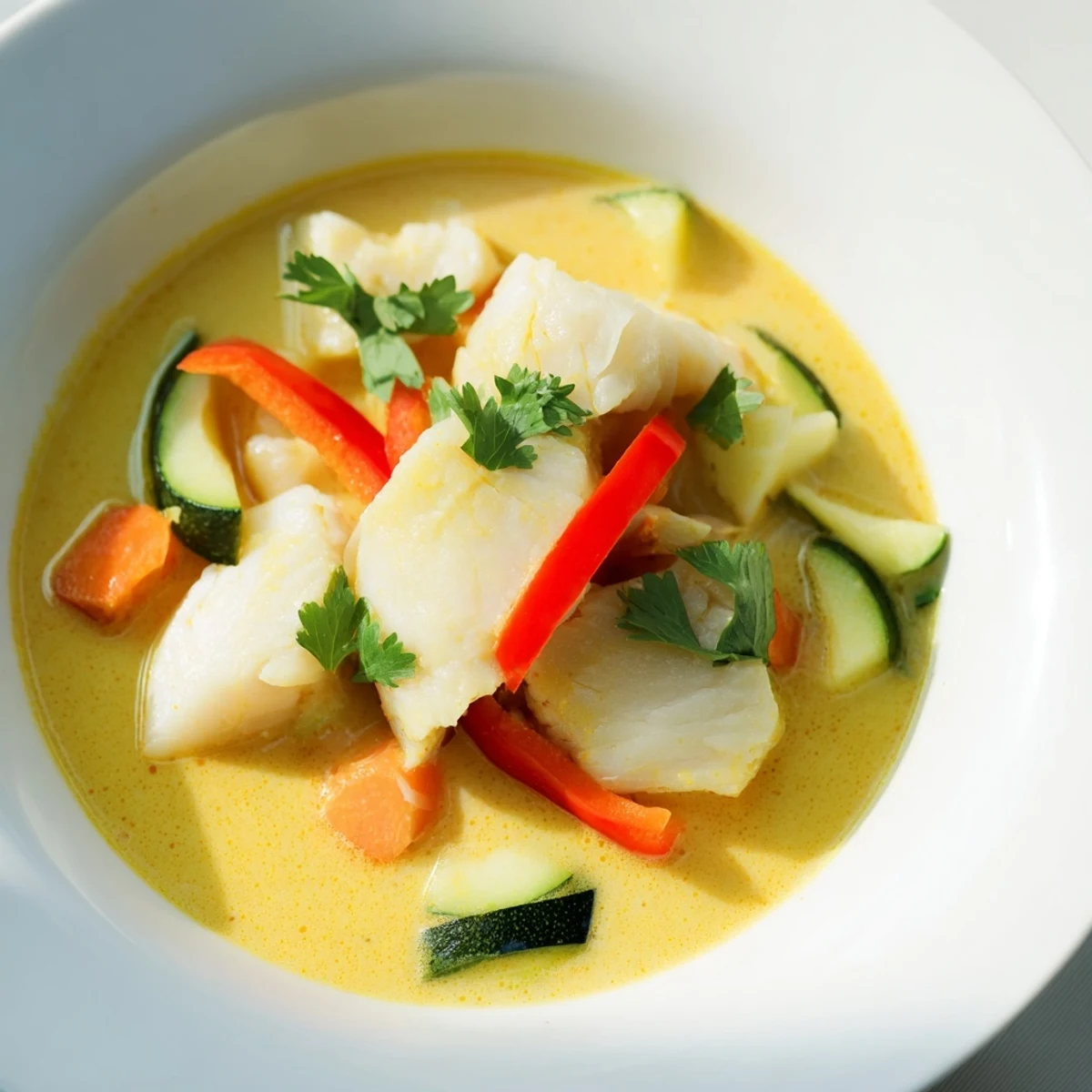 Coconut white fish stew in golden broth with tender chunks and colorful vegetables