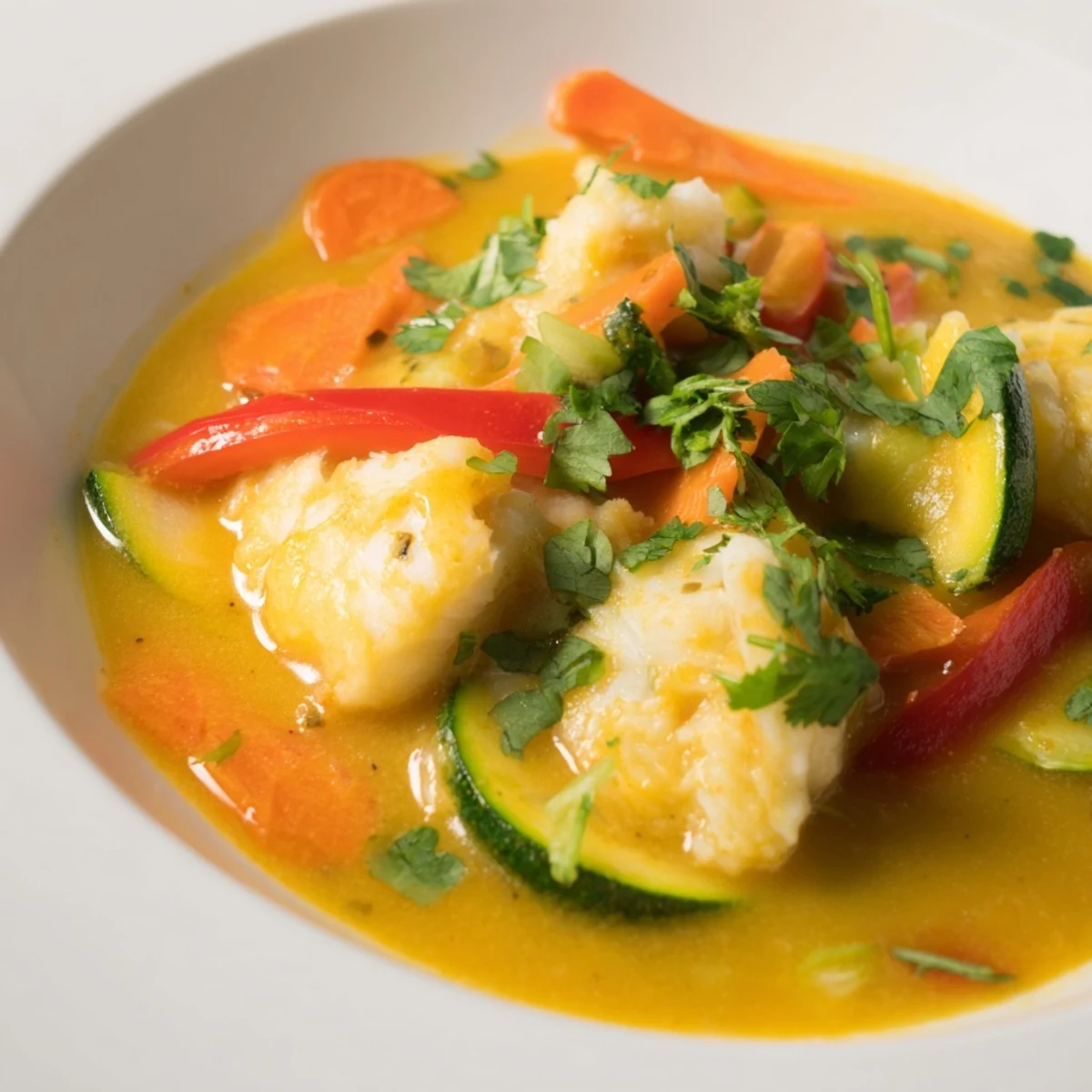 Creamy coconut white fish stew garnished with fresh cilantro and lime wedges