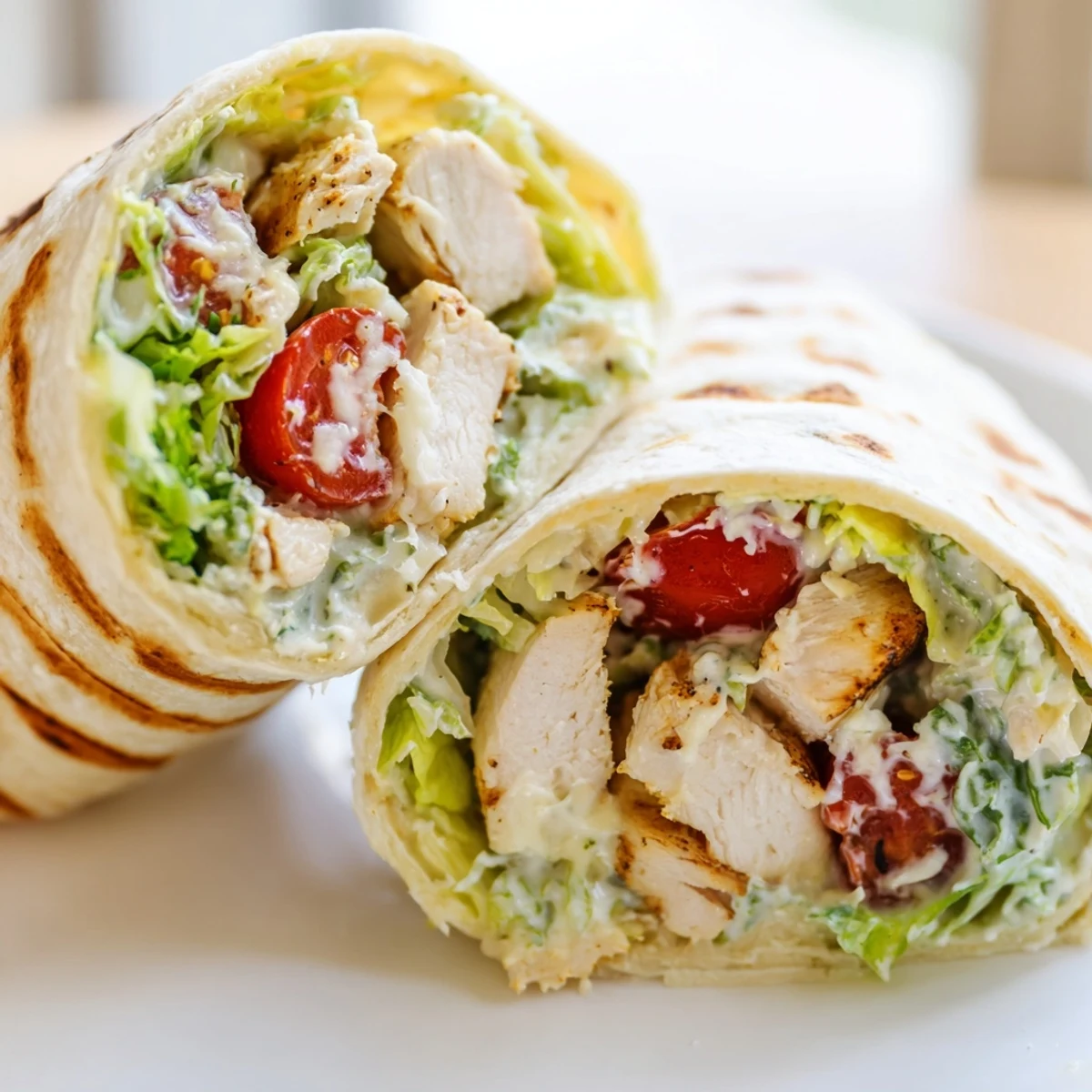Golden grilled chicken Caesar wraps sliced open showing crisp romaine and creamy dressing inside