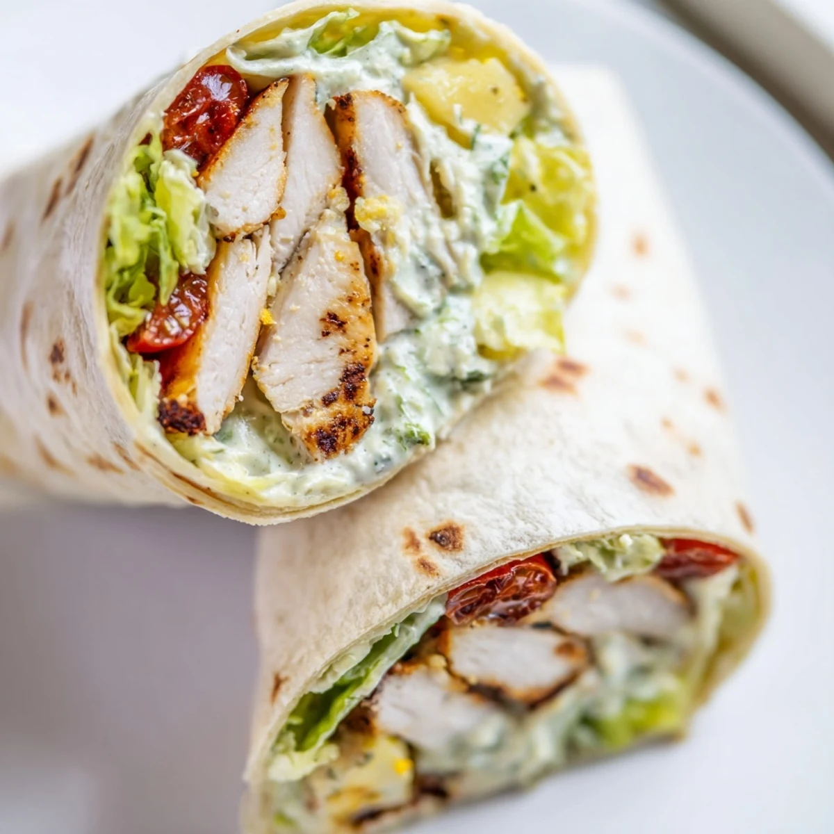 Tender sliced chicken Caesar wraps with fresh lettuce and Parmesan in soft flour tortillas