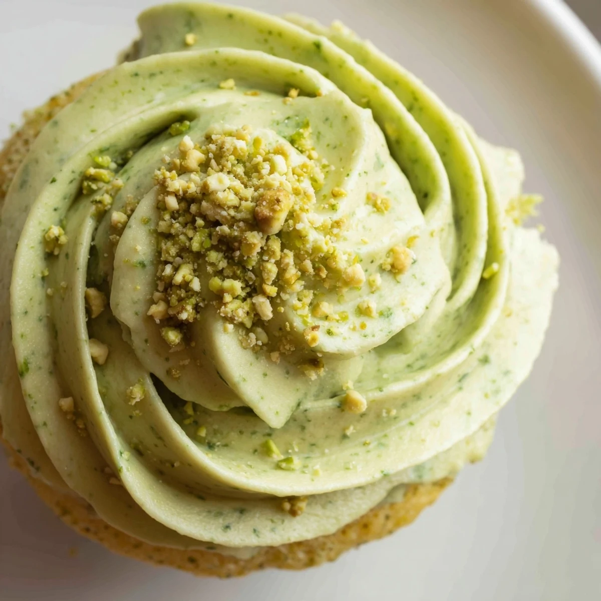 Moist pistachio cupcakes frosted with creamy buttercream and garnished with crushed nuts for dessert
