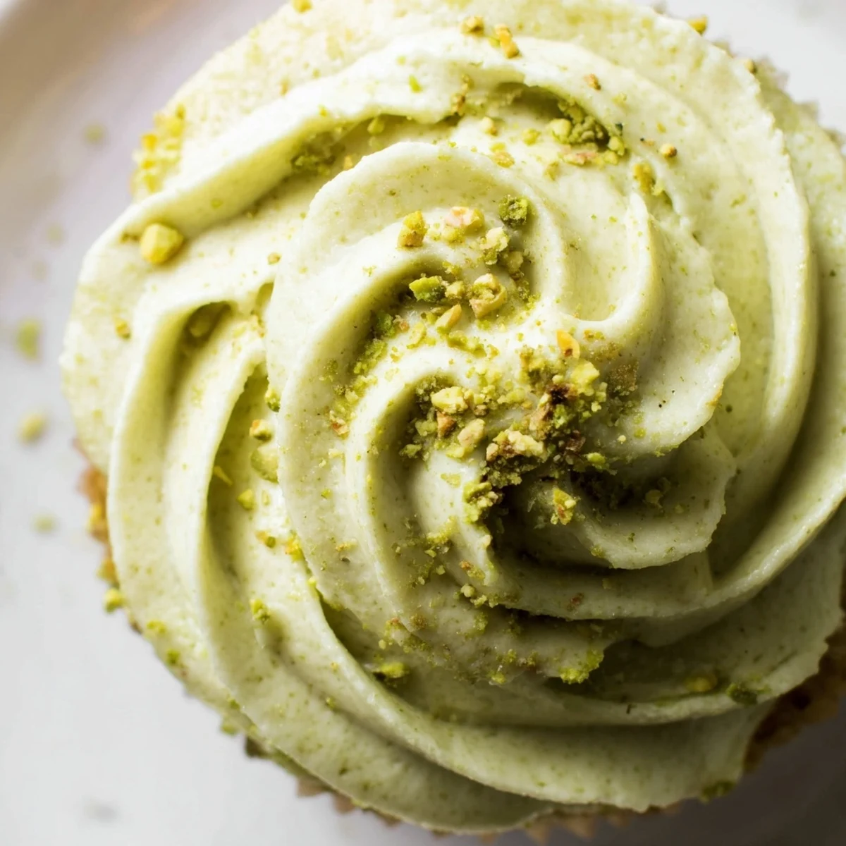 Golden pistachio cupcakes piped high with fluffy pistachio buttercream on a white cake stand