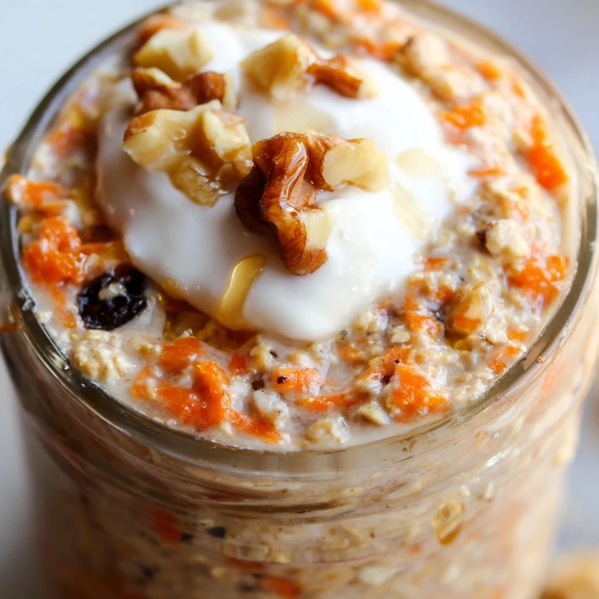 Spiced carrot cake overnight oats served in a bowl with a maple drizzle