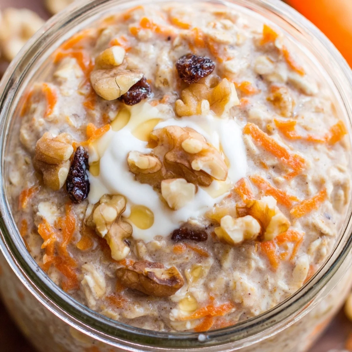 Carrot cake overnight oats with shredded carrots, cinnamon, and crunchy pecan topping