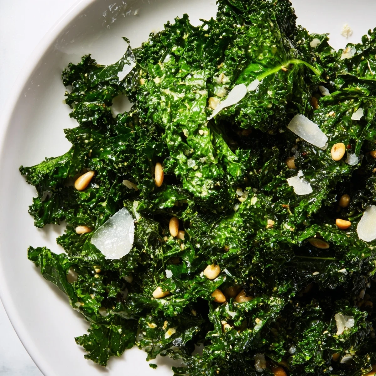Massaged kale leaves glistening with zesty garlic lemon dressing and topped with savory Parmesan