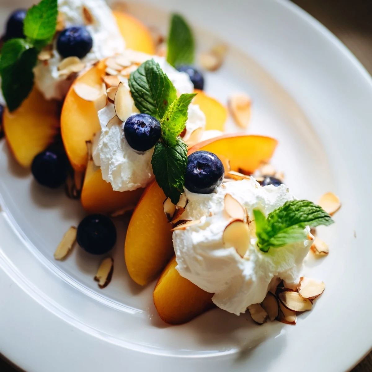 Chilled peaches and cream salad layered with juicy ripe fruit and whipped vanilla cream