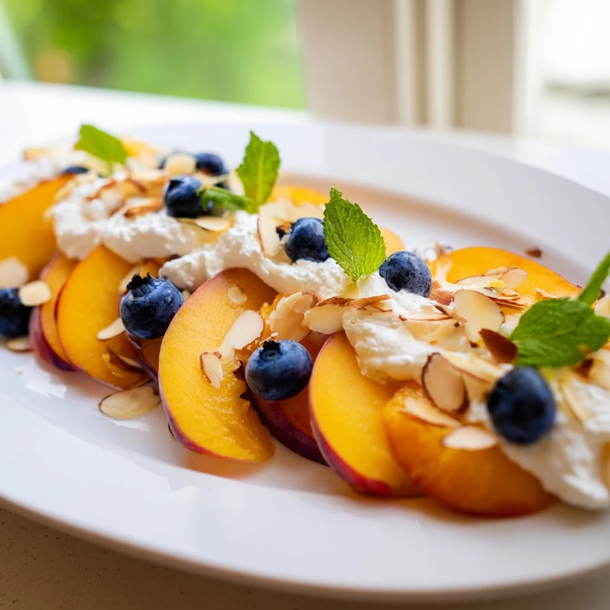 Creamy peaches and cream salad topped with fresh mint and sliced almonds