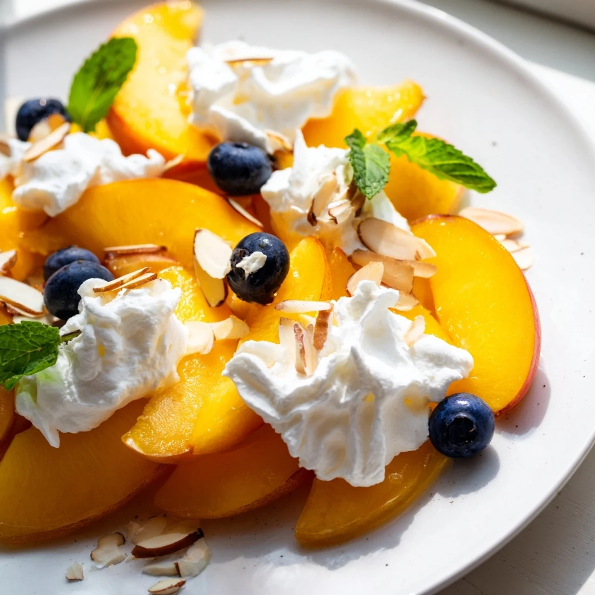 Bright summer peaches and cream salad served in glasses with billowy whipped topping