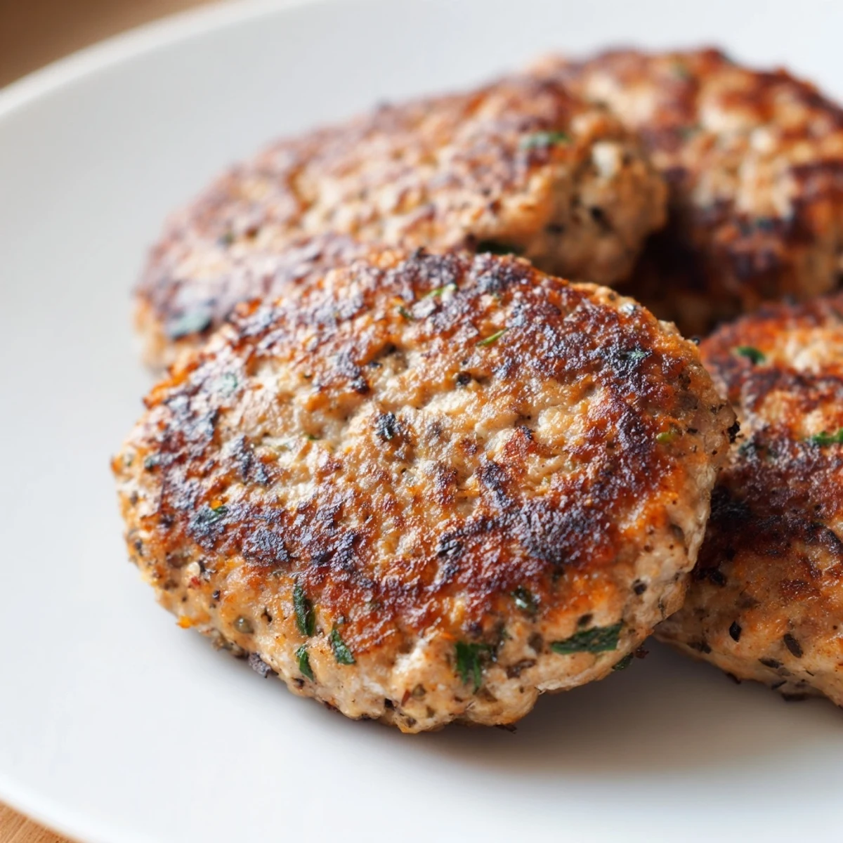 Golden brown ground turkey sausage patties sizzling in a cast iron skillet