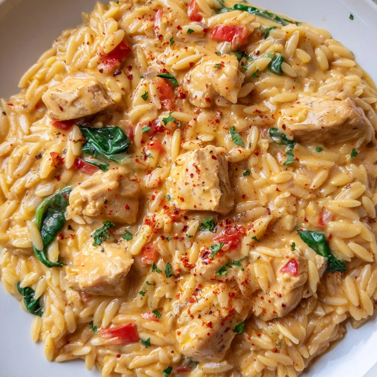 Creamy Cajun chicken Alfredo orzo served in a rustic skillet with fresh parsley garnish on top