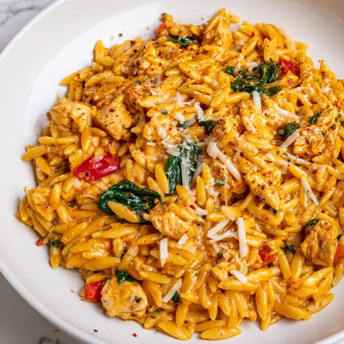 Steaming bowl of one pot Cajun chicken Alfredo orzo with tender meat and velvety sauce