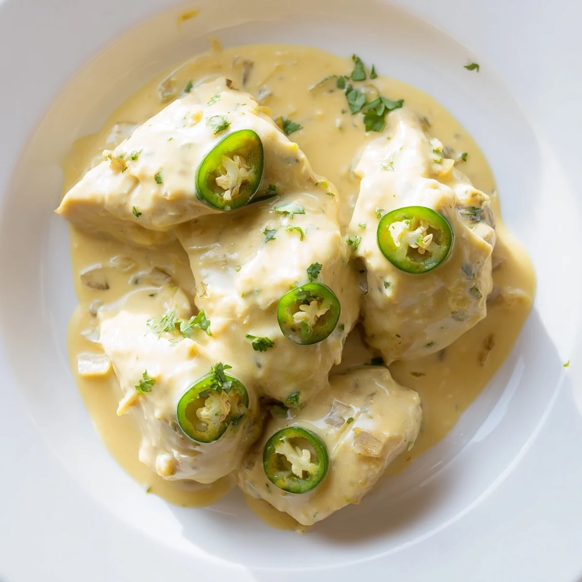 Spicy jalapeno chicken in rich cream sauce topped with melted Monterey Jack cheese