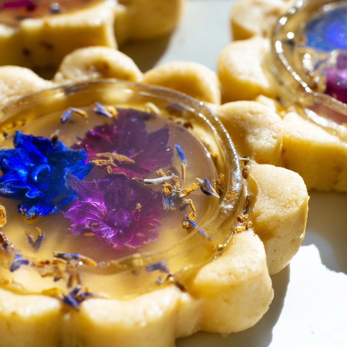 Earl Grey stained glass floral cookies with jewel-toned melted candy centers and delicate pressed violets